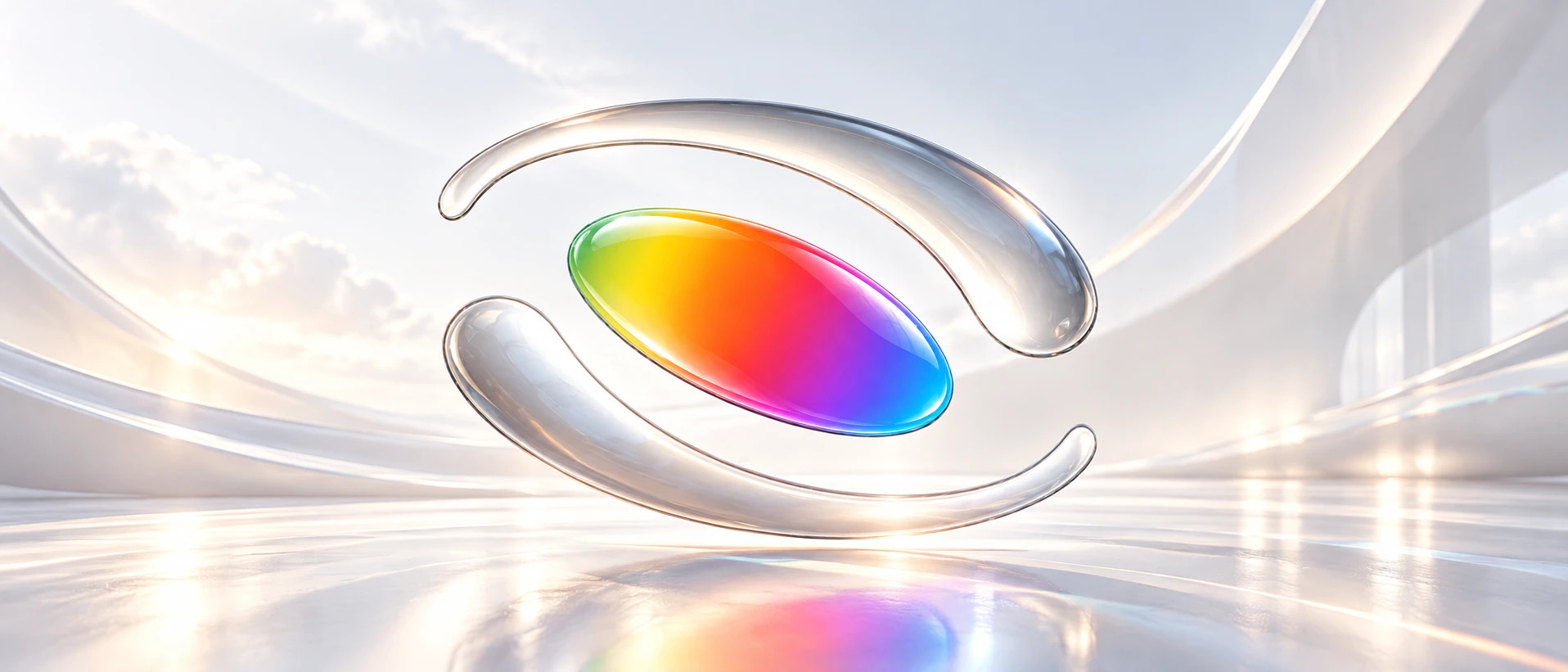 Emblema multicolor de Cromas en un entorno arquitectónico de cristal y luz